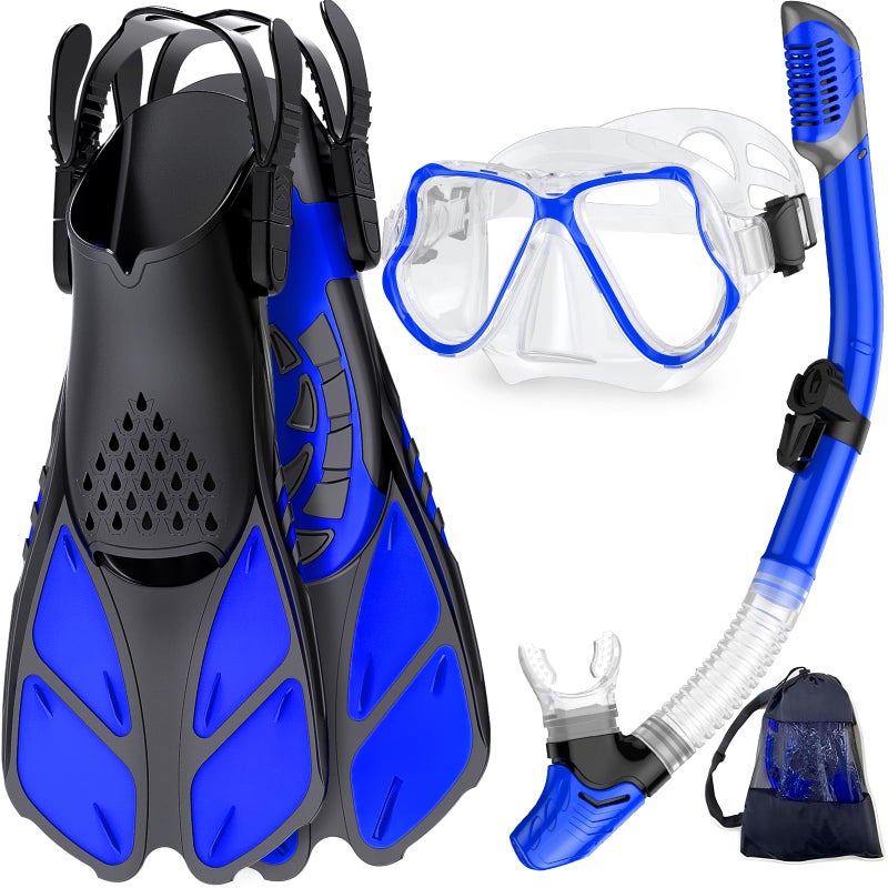 Zenoplige Mask Fins Snorkel Set, Snorkeling Gear for Adults, Panoramic View Snorkel Mask Anti-Fog, Adjustable Dive Flippers, Dry Top Snorkel and Travel Bag, Scuba Gear for Swimming Snorkeling Diving - Image 1